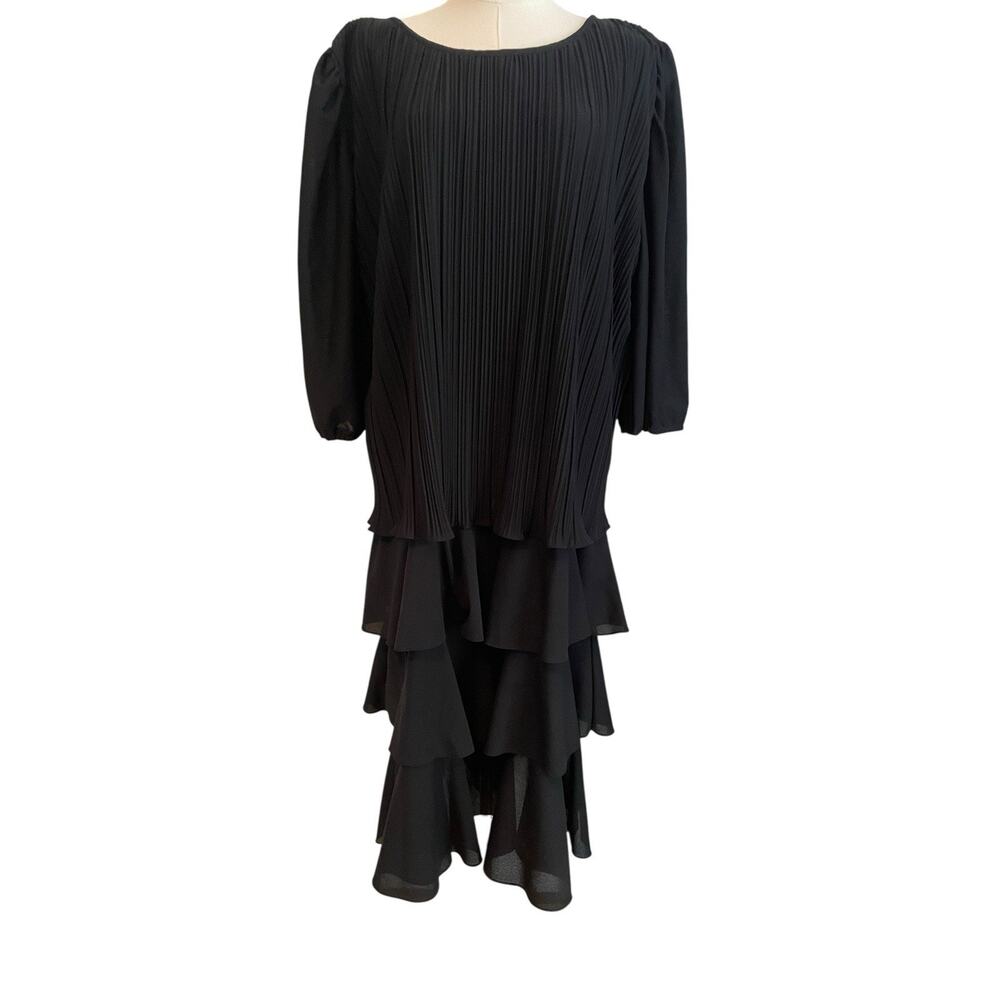 Vintage Black Dress 16 Maxi‎ Whimsigoth Pleated Tiered Cocktail Event NYE Mature